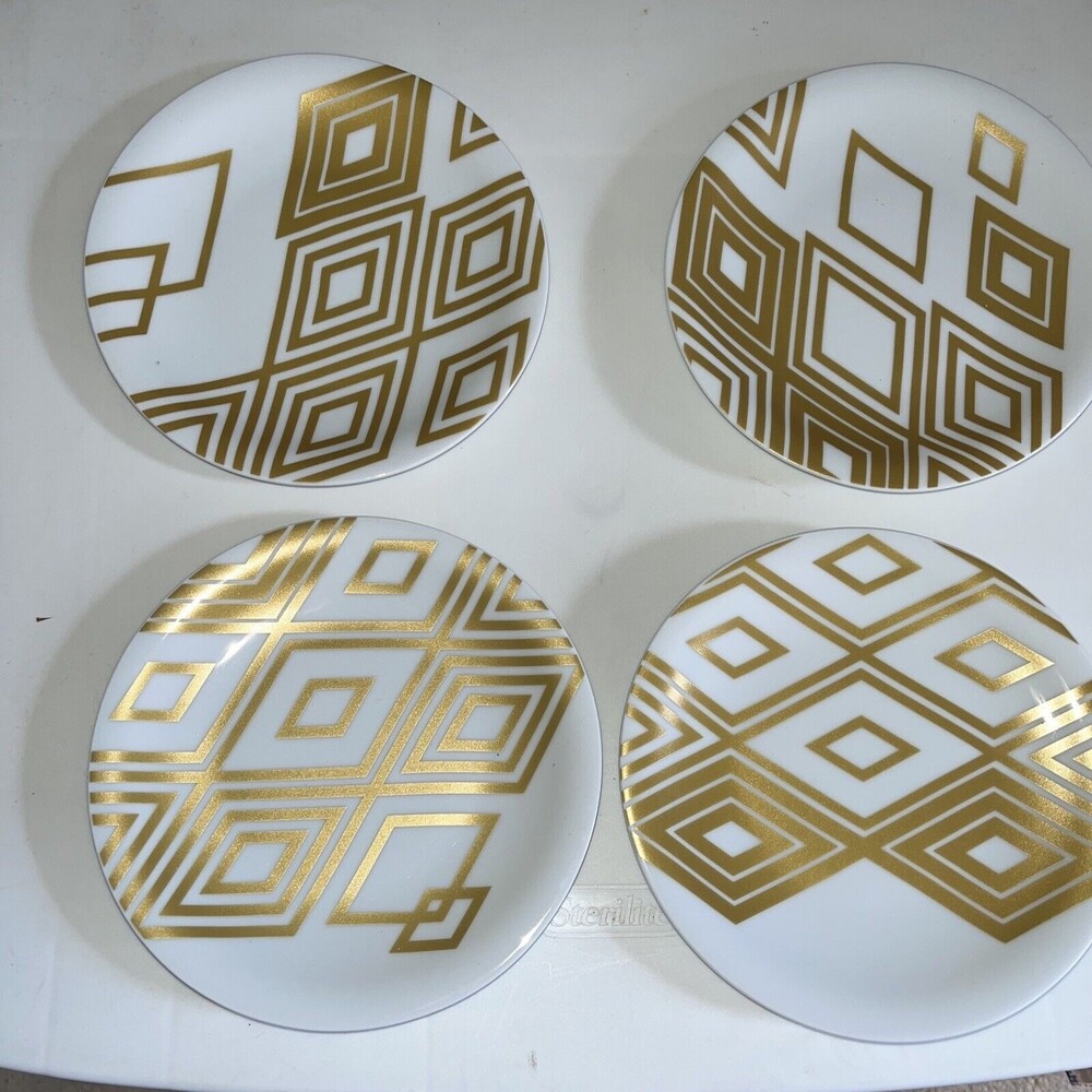 Set of 4 Starbucks Rosanna 6 1/8" Gold & White Diamonds Bread Plates 2013